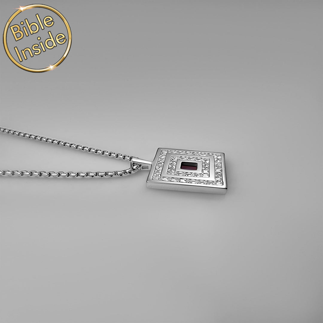 Sterling silver square necklace with nano Bible – modern Christian jewelry