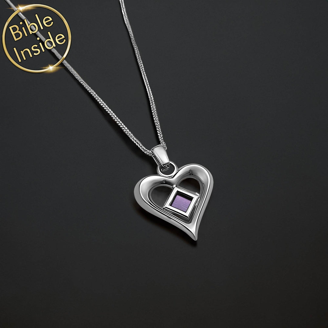 Valentine present for her – polished heart pendant with Holy Bible chip