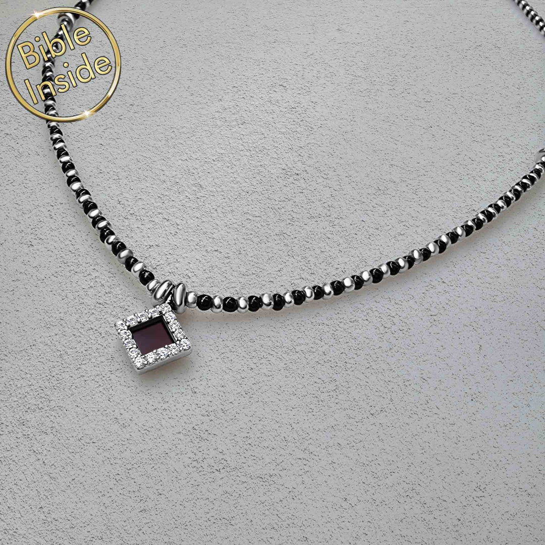 Silver finish tiny holy Bible necklace featuring onyx stone and nano technology
