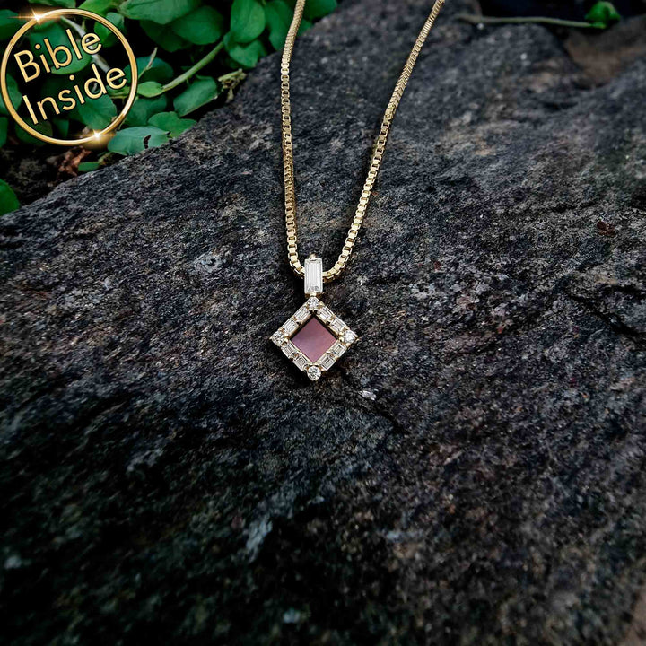 Religious jewelry for women - rhombus pendant containing New Testament