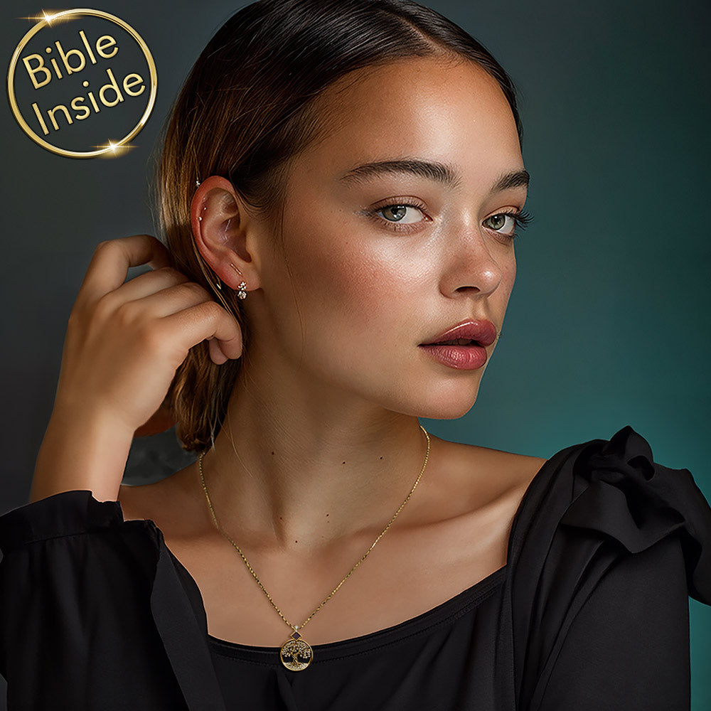 Gold tree of life jewelry for women featuring New Testament nano Bible