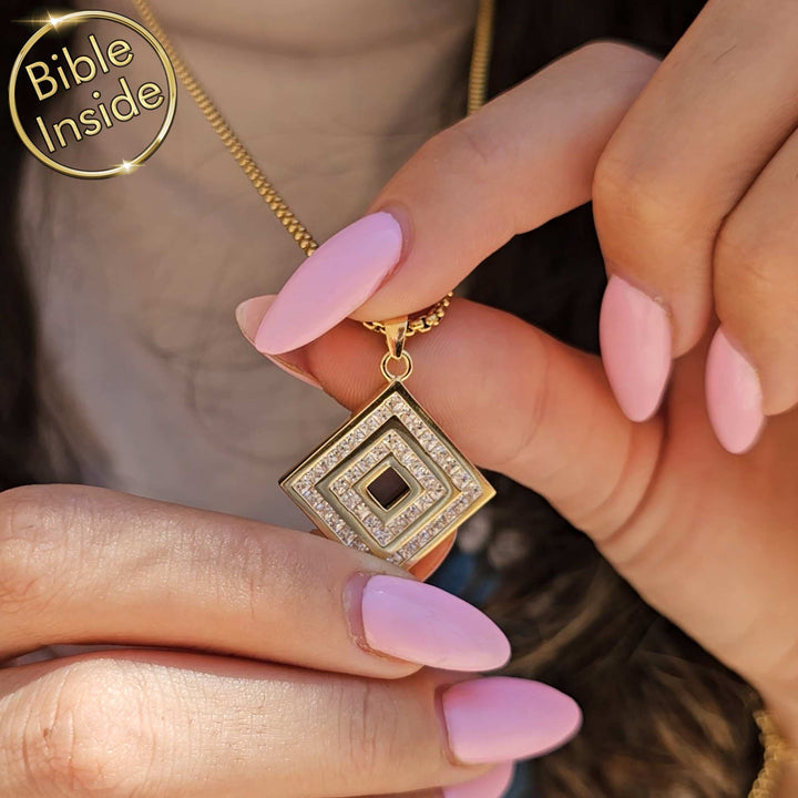 Women's luxury jewelry featuring square nano Bible pendant design